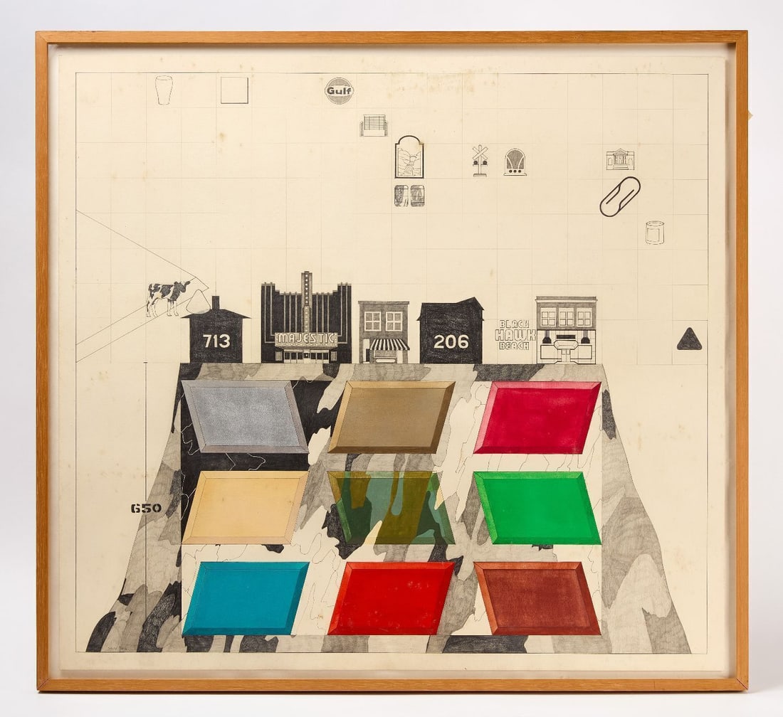 David Pease - 'Homecoming Data': David Pease (American, 1932–2018), 'Homecoming Data' Study, 1972. Mixed media (pencil and watercolor) on paper. Signed and dated on the verso. Framed under plexiglass. Sheet: H 33 in. W