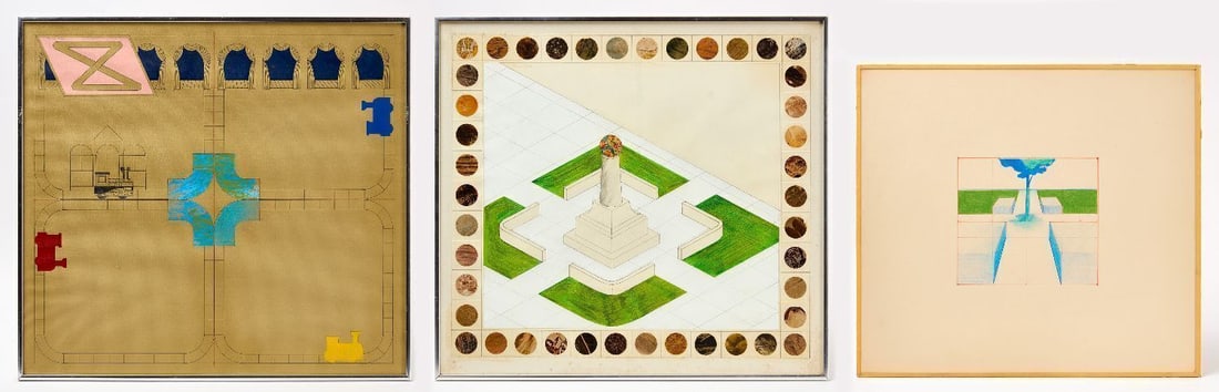 David Pease - Three Mixed Media Works: David Pease (American, 1932–2018), three mixed media works on paper, comprising: 'Monument' 1969, pencil and collage, signed upper left in graphite; 'End of Eden - Study #4'