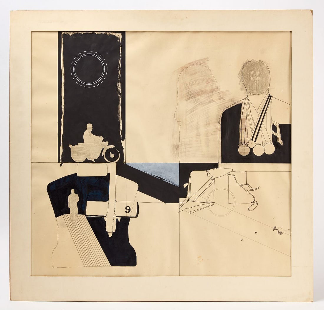 David Pease - 'Rendezvous': David Pease (American, 1932–2018), 'Rendezvous'. Mixed media composition in ink and graphite depicting a motorcyclist, a figure wearing Olympic-style medals, geometric forms, and the