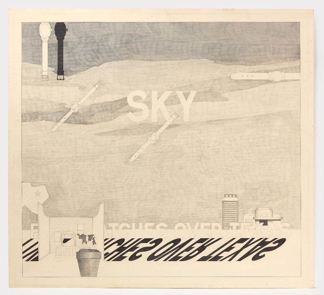 David Pease - 'Watches Over Texas': David Pease (American, 1932–2018), 'Watches Over Texas'. Mixed media on paper, depicting a sky scene with the word "SKY" prominently lettered, floating wristwatches, a cow in