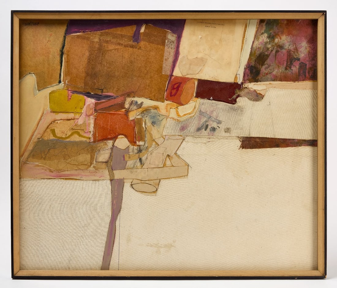David Pease - 'Purple Sky': David Pease (American, 1932–2018), 'Purple Sky' collage work. Mixed media in professional frame. Signed to UL, verso bears artist exhibition label. American, circa1960. Frame: H
