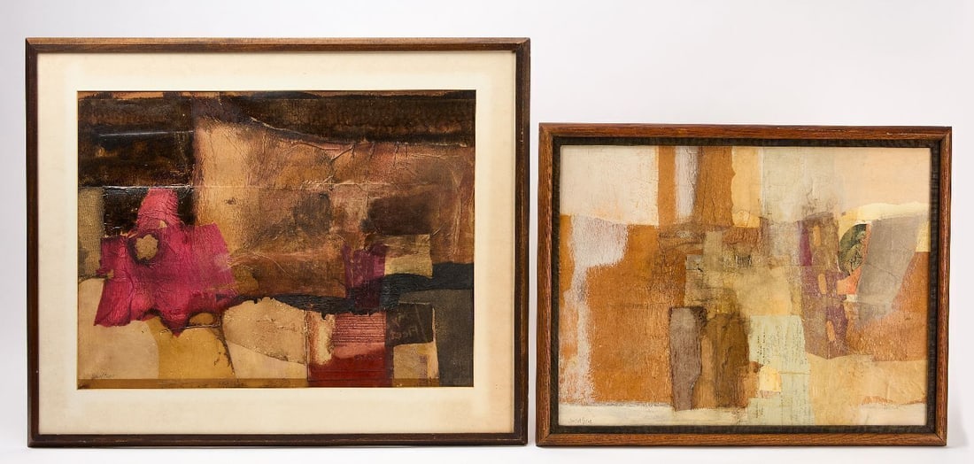 David Pease - Two Collage Works, 'Ivory Key' & 'Collision at 12:02 A.M.': David Pease - Two Collage Works, 'Ivory Key' and 'Collision at 12:02 A.M'. Mixed media collages, in professional frames under glass. Both signed to LL, both verso backings bear typed