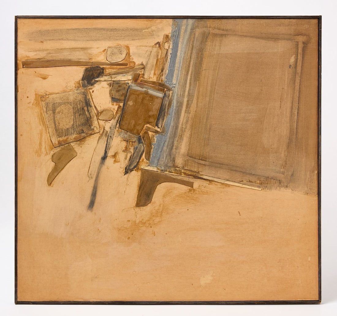 David Pease - 'Collage A': David Pease (American, 1932–2018), 'Collage A'. Mixed media on board. Unsigned, inscription to verso bears title and "17." Circa 1960. Frame: H 28-1/4 in. W 30-1/4 in.