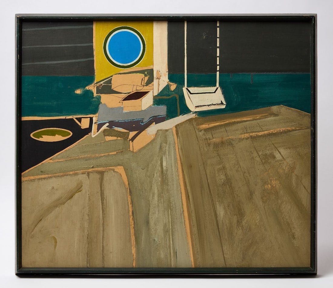 David Pease - 'Saratoga': David Pease (American, 1932–2018), 'Saratoga', 1964. Mixed media on board. Unsigned, verso backing bears inscribed title and date in artist's hand. Frame: H 25-1/4 in. W 29-1/4