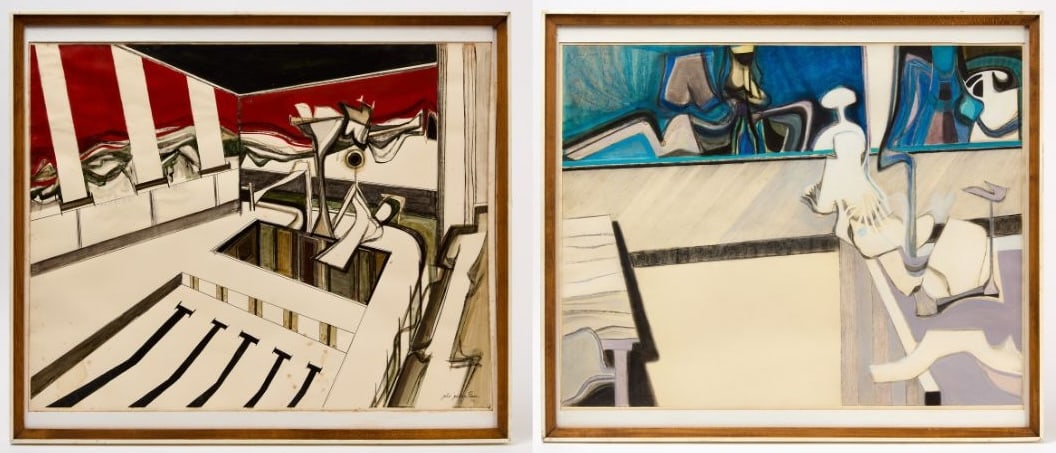 Julie Pease - 'Witness-Study' and 'Playpen': Julie Pease (American, 20th century), two mixed media works on paper: "Playpen," signed lower right, with artwork label to verso; together with "Witness-Study," signed upper left,