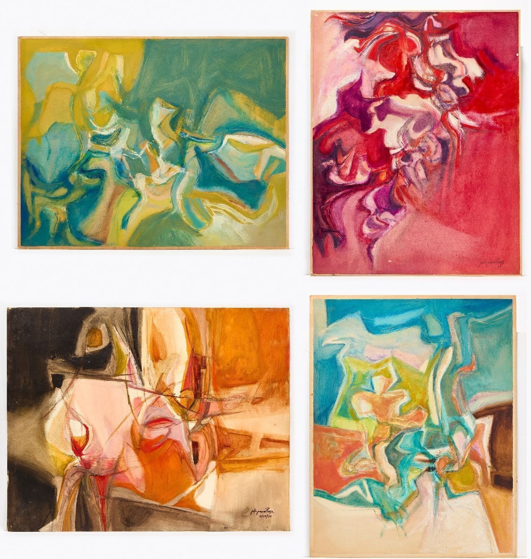 Julie Pease - Four Abstract Works: Julie Pease (American), four abstract works. All untitled. Three mixed media on cardstock, one mixed media on artist paper (no frames). Work on paper signed to LR and dated 1958. Pink/red/purple work