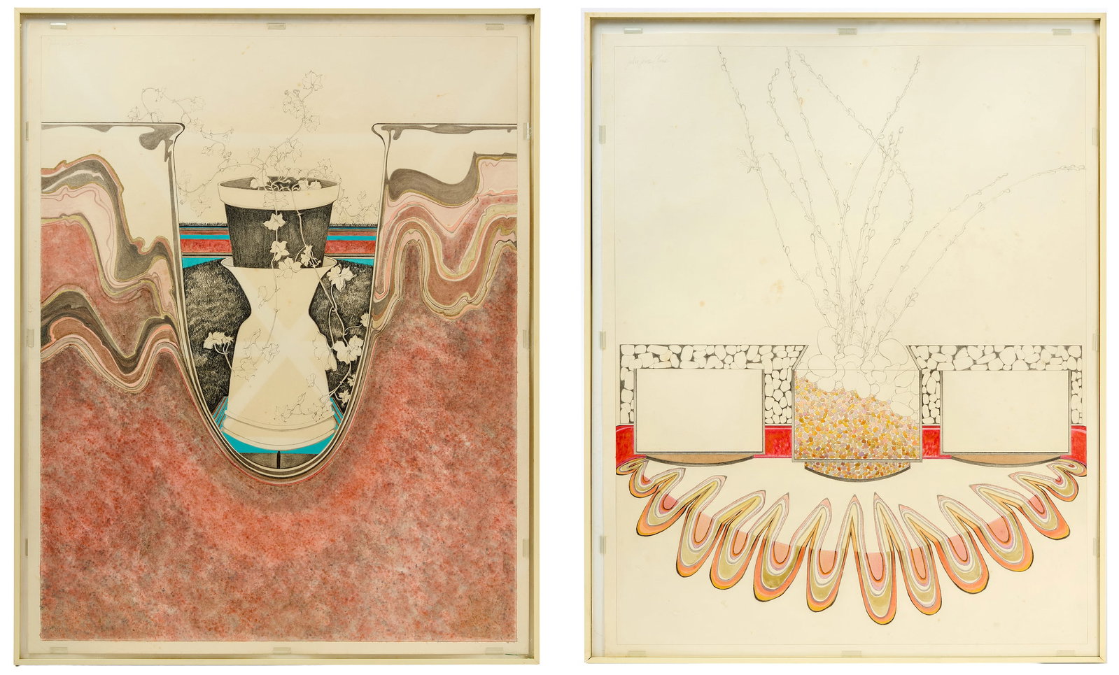 Julie Jensen Pease - 'Pussy Willow' and 'Ivy Geranium': Julie Pease (American), two mixed media works on paper comprising, 'Pussy Willow', 1978, together with 'Ivy Geranium', 1977. Both signed to UL with artwork labels to verso. Pussy