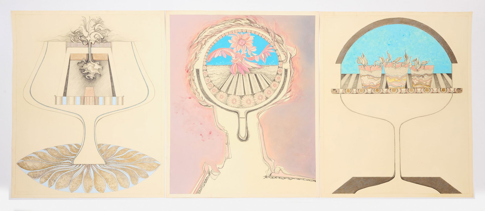 Julie Jensen Pease - Three Works on Paper: Julie Jensen Pease (American), three works on paper, comprising 'Terrain #1 Kerry's Sand Painting", 1977; 'Terrain #2 Swimming Pool", 1977; together with a third similar work in