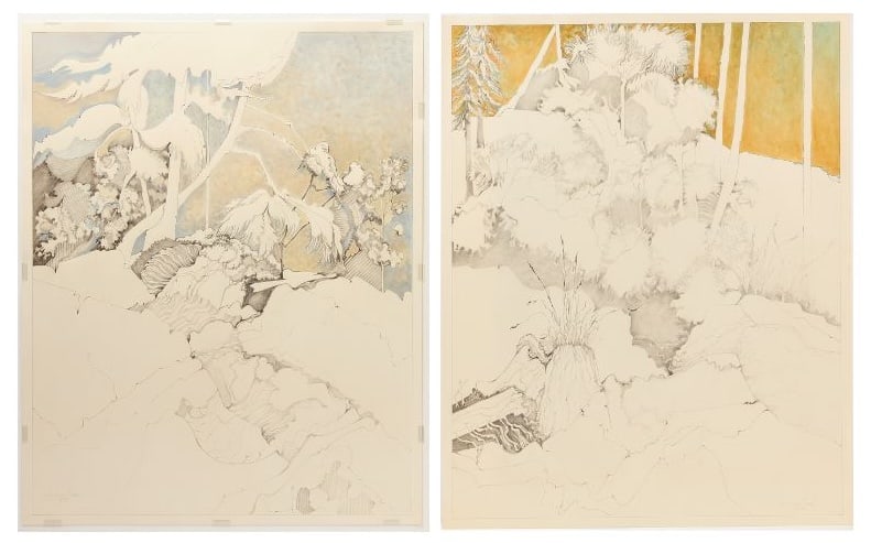 Julie Jensen Pease - Two Works on Paper: Julie Jensen Pease, Two mixed media works, one titled, "Orcas Hillsides #3", dated 1980 on gallery label to verso. Graphite and watercolor on paper. Circa 1980. Both works: H 29 in. W 23