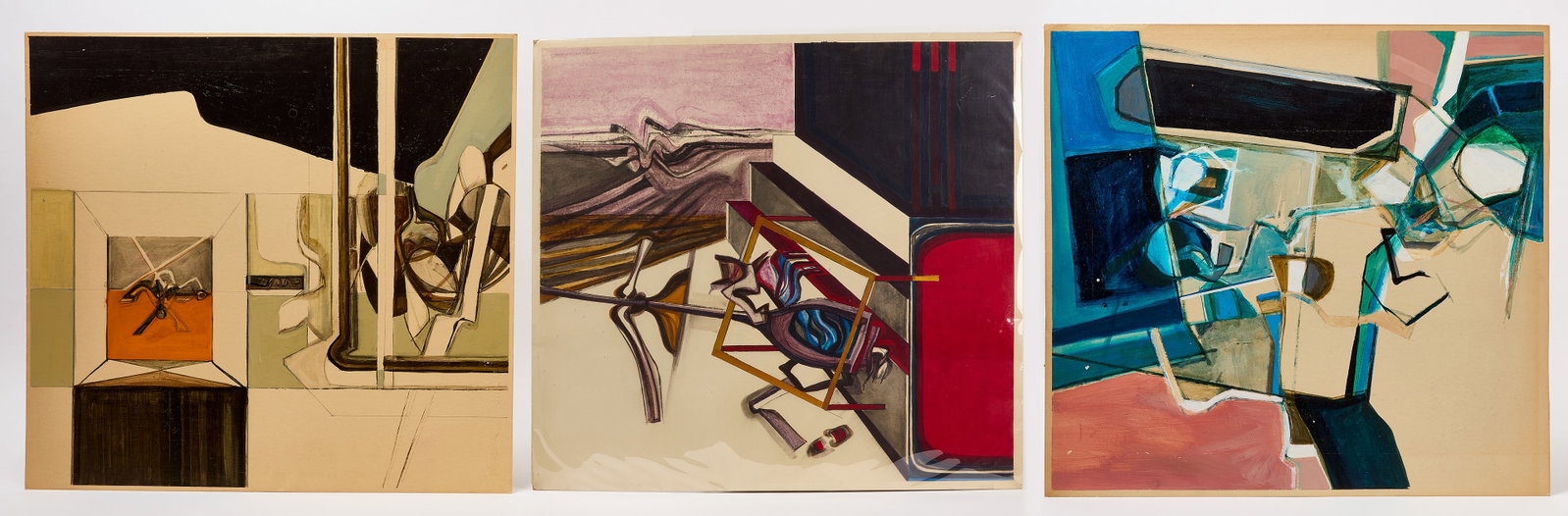 Group A - Three Julie Jensen Pease Works: Group A - Three Julie Jensen Pease Works. Acrylic on cardstock. Work with red/black/purple rendering signed upper left, dated 1970, with Langman Gallery to verso; Work with blue/pink rendering,