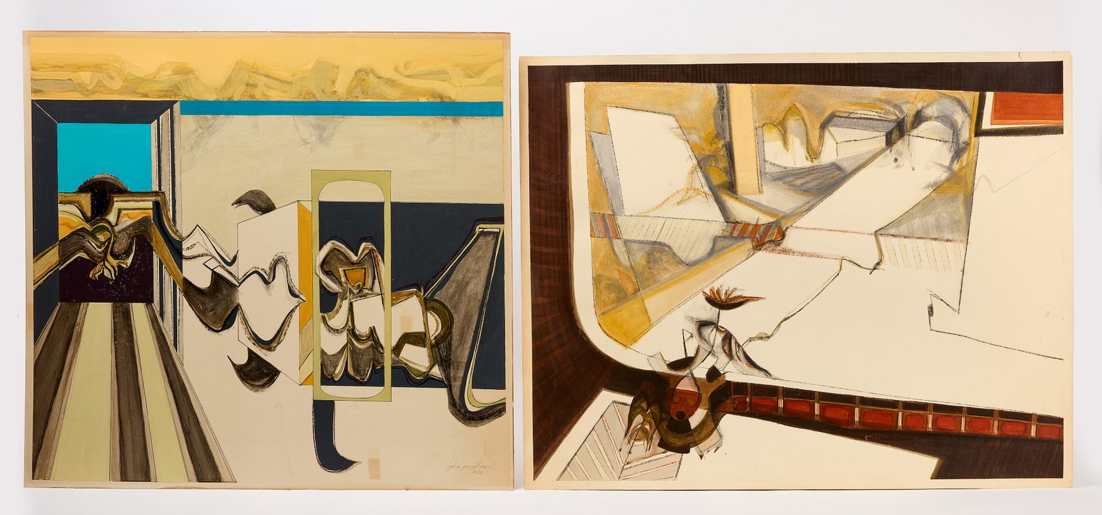 Group B - Two Julie Jensen Pease Works: Group B - Two Julie Jensen Pease Works. Mixed media with acrylic. One on paper, dated 1972 lower right, the other on cardstock with green/yellow accents signed and dated 1968 lower right. Cardstock:
