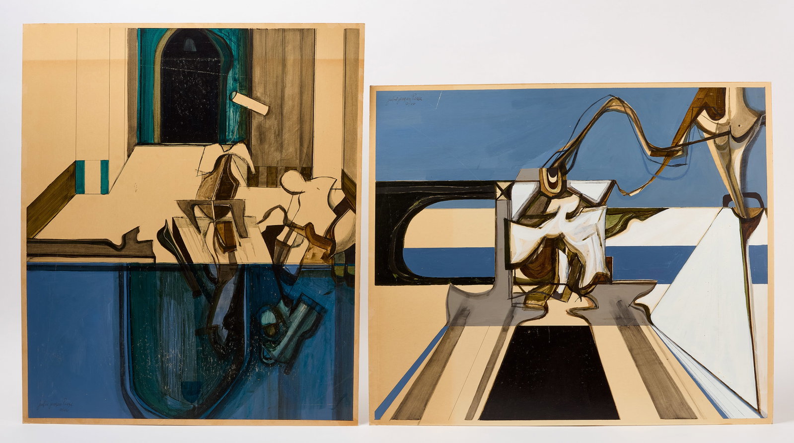 Group C - Two Julie Jensen Pease Works, 1966: Group C - Two Julie Jensen Pease Works. Acrylic on cardstock. Work with blue and white rendering signed and dated upper left, 1966; Work ith abstract arched hallway depiction signed and dated