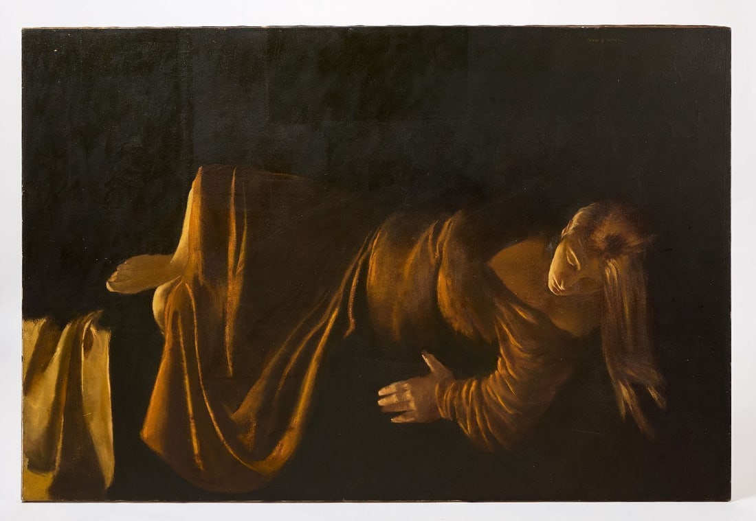 Deane G. Keller - 'Magdalene': Deane G. Keller (1940–2005), 'Magdalene'. Oil on canvas. Depicts a woman laying in a yellow dress, typical of Deane's figure and drapery studies. Signature to UR canvas and backside 