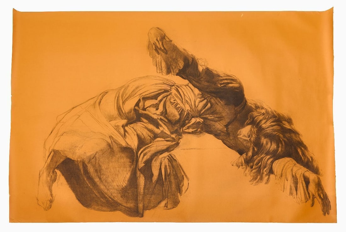 Deane G. Keller - Drapery Study: Deane G. Keller (1940–2005), Large drapery study. Charcoal on colored artist paper. Depicts a woman laying flowing dress, typical of Deane's figure and drapery studies. Unsigned.