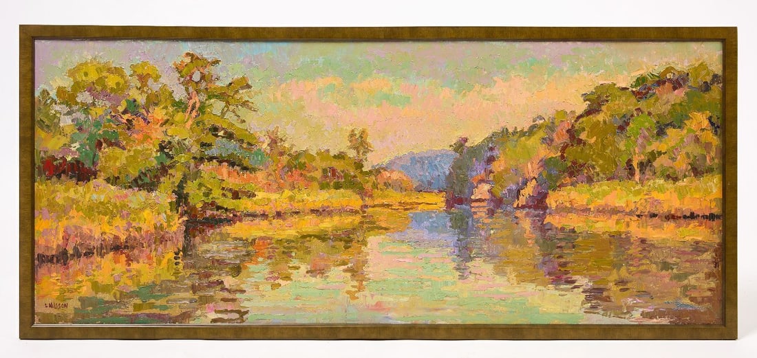 Leif Nilsson - On Selden Creek, Autumn Morning: Leif Nilsson (Connecticut, b. 1962), 'On Selden Creek, Autumn Morning'. Oil on canvas. Original frame. Signed to LL and on reverse; dated 2007. Frame: H 21-3/4 in. W 49-3/4 in. Canvas: H 20 in