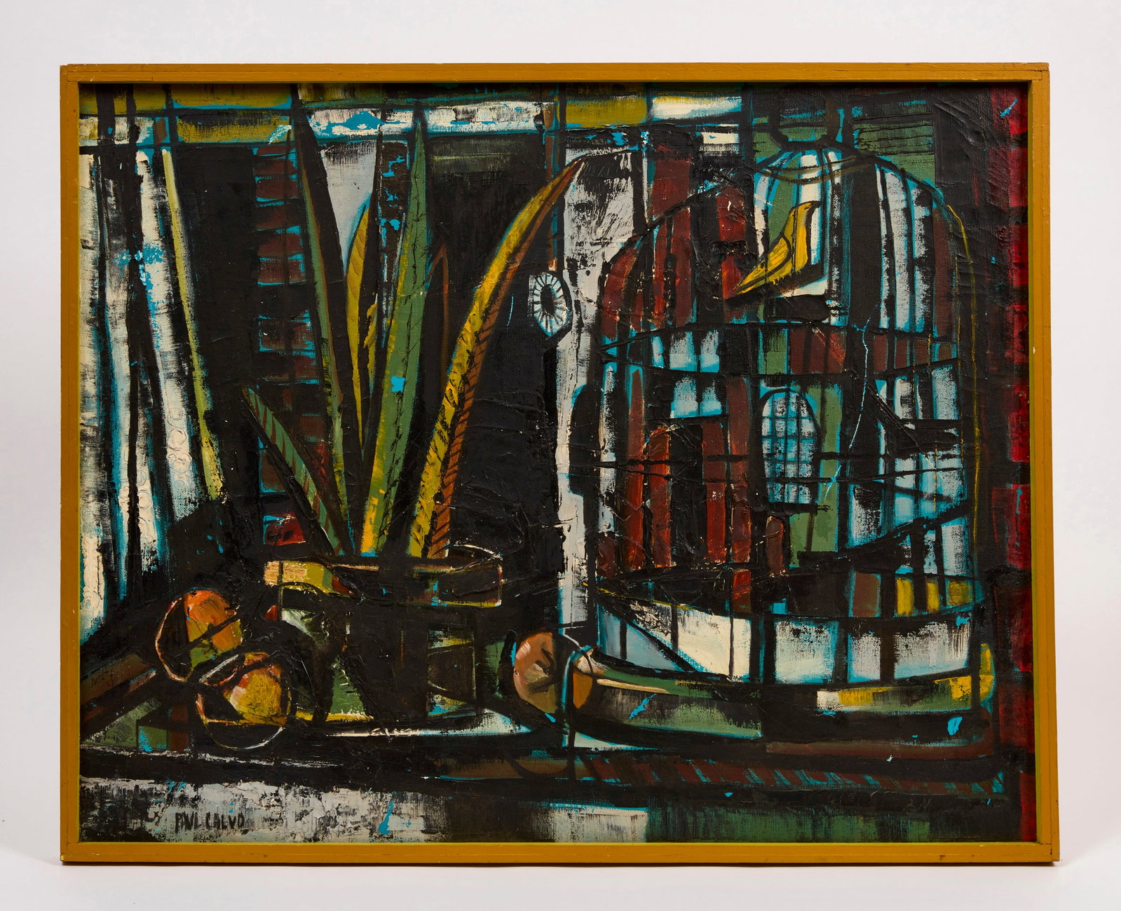 Paul Calvo - Modernist Still Life with Birdcage: Paul Calvo (Hartford, Connecticut, 1936-2012), Modernist Still Life depiciting a plant and a yellowbird inside a birdcage. Oil on canvas in a painted frame, signed lower left. American, mid-20th centu