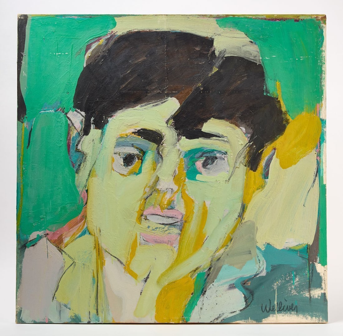 Neil Welliver - Portrait: Neil Welliver (American, 1929–2005), portrait. Oil on canvas. Signed to LR. Artist name to backside as well as inscription 'Shown Baltimore, NY, Phila(delphia).' H 36 in. W 36-1/4 in.