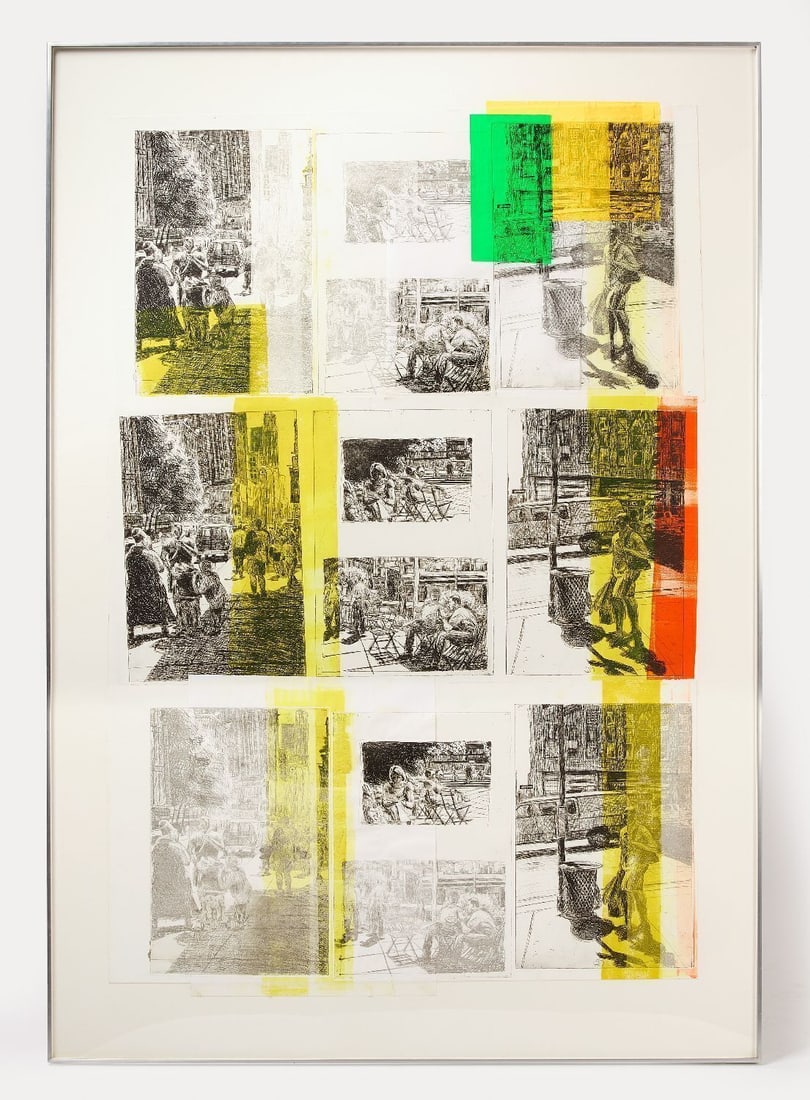 Lisa Milroy - New York Street: Lisa Milroy (Born 1959, Vancouver Canada), New York Street. Etched monoprint and collage with hand-coloring. Titled, signed and dated verso. 1999. Framed: H: 68-1/2 in. W: 48-1/4 in.