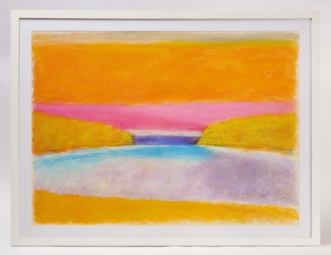 Wolf Kahn - Connecticut River Landscape: Wolf Kahn (1927–2020), Connecticut River landscape. Pastel on paper. Signed to LR. Modern mat and frame. Frame: H 34-1/2 in. W 45-1/4 in. Mat Opening: H 27-1/2 in. W 39-1/4 in. 