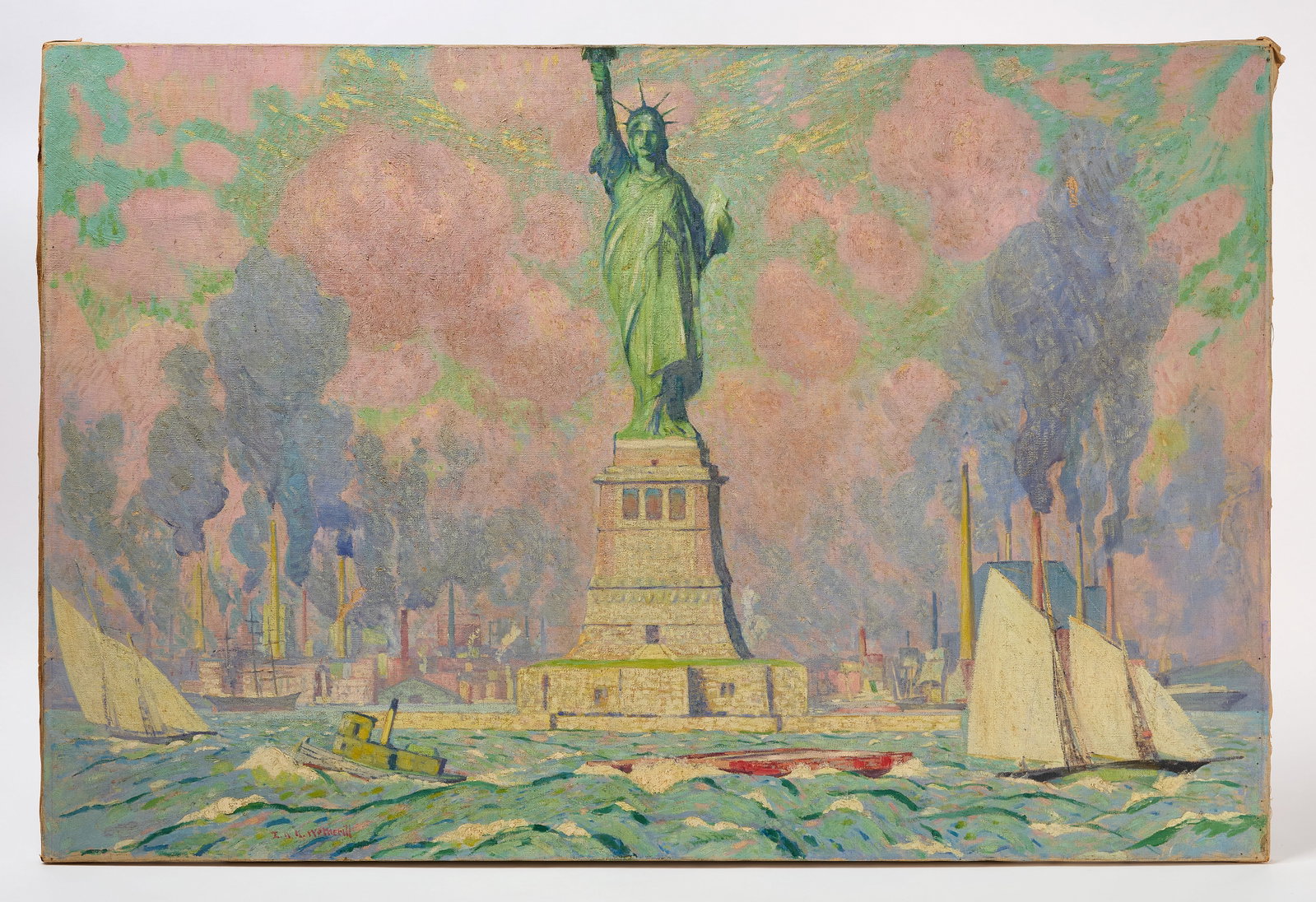 Elisha Kent Kane Wetherill - Statue of Liberty 'Approaching New York': Elisha Kent Kane Wetherill (American, 1874-1929), Statue of Liberty 'Approaching New York'. Oil on canvas. Signature to LL. H 30 in. W 45 in.