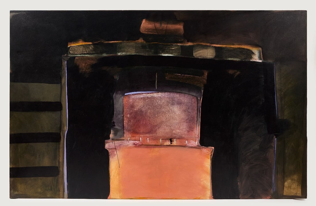 Chuck Olson Large Work, 'Monument to Industry': Chuck Olson (American, b. 1953), 'Monument to Industry', 1988. Large abstract painting. Acrylic on canvas. Signed lower right. Title on verso. H 66 in. W 104 in.