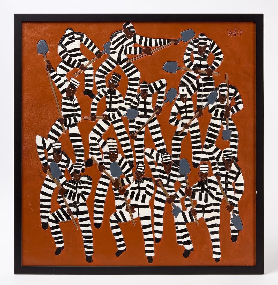 Winfred Rembert Jr. - Shovels Up: Winfred Rembert Jr., 'Shovels Up'. Dye on tooled leather mounted to wood board, in original frame. Signed with initials WRJ to UR. H 26-1/8 in. W 25-1/8 in. Artist Description: A