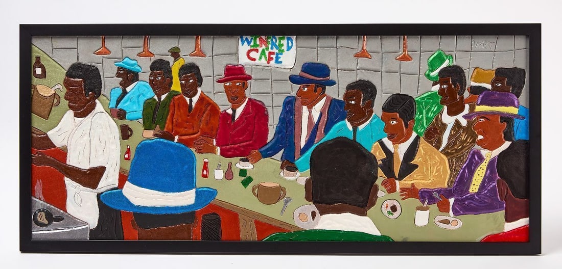Winfred Rembert Jr. - Winfred Cafe: Winfred Rembert Jr., 'Winfred Cafe'. Dye on tooled leather mounted to wood board, in original frame. Signed with initials WRJ to UR. H 14-3/4 in. W 33-3/4 in. Artist Description: A