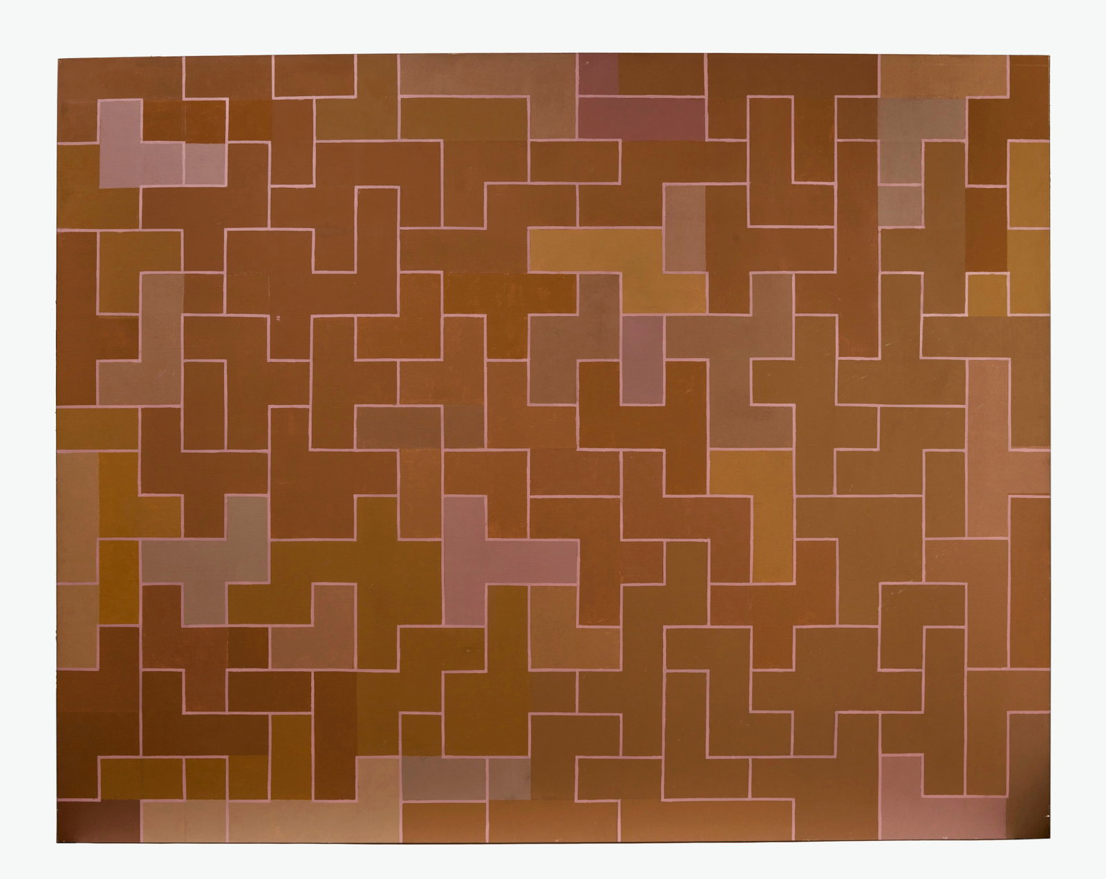 Peter Anthony Stroud - 'Brown Interlock': Peter Anthony Stroud (London, England 1921 - 2012 Princeton, New Jersey), 'Brown Interlock, System No. 2', 1974. Acrylic on canvas. Signed and inscribed with title/date on verso. H 72 in.