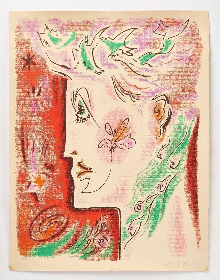 Andre Masson - Surrealist Woman Portrait: André Masson (France, 1896–1987), surrealist portrait of a woman.Artist's Proof. Colored lithograph on wove paper with graphite signature by the artist LR. France, circa 1970. H
