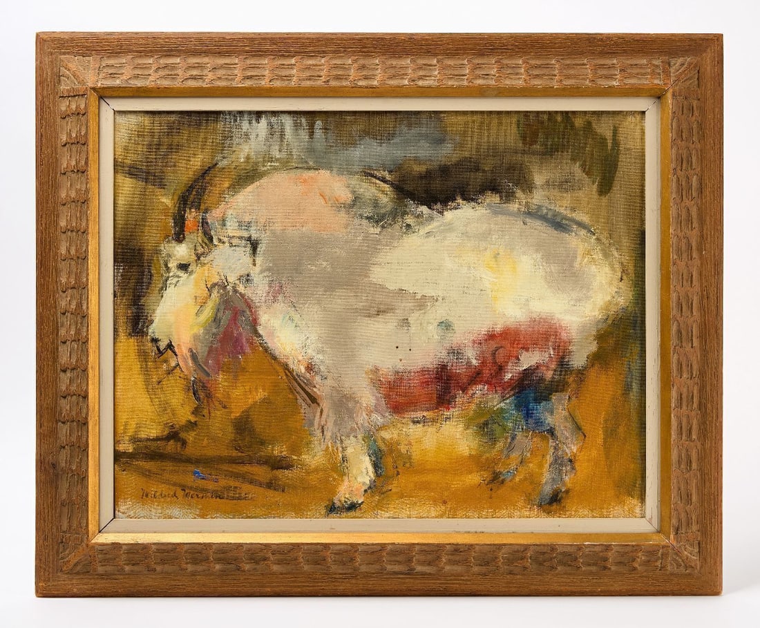Mildred Shire Mermin - Abstract Goat: Mildred Shire Mermin (American, 1907-1985), painting of a goat. Oil on canvas, signed lower left and signed to canvas frame verso, dated 1964. Custom frame with gallery label to verso from Harry