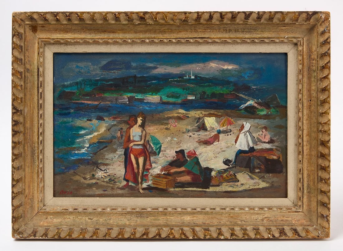 Louis (Luigi) Bosa - Beach Scene with Island: Louis (Luigi) Bosa (New York/Pennsylvania/Italy, 1905-1981), Oil on Masonite, depicting figures on a beach with an island connected by a bridge in the background. Signed in red paint lower left.