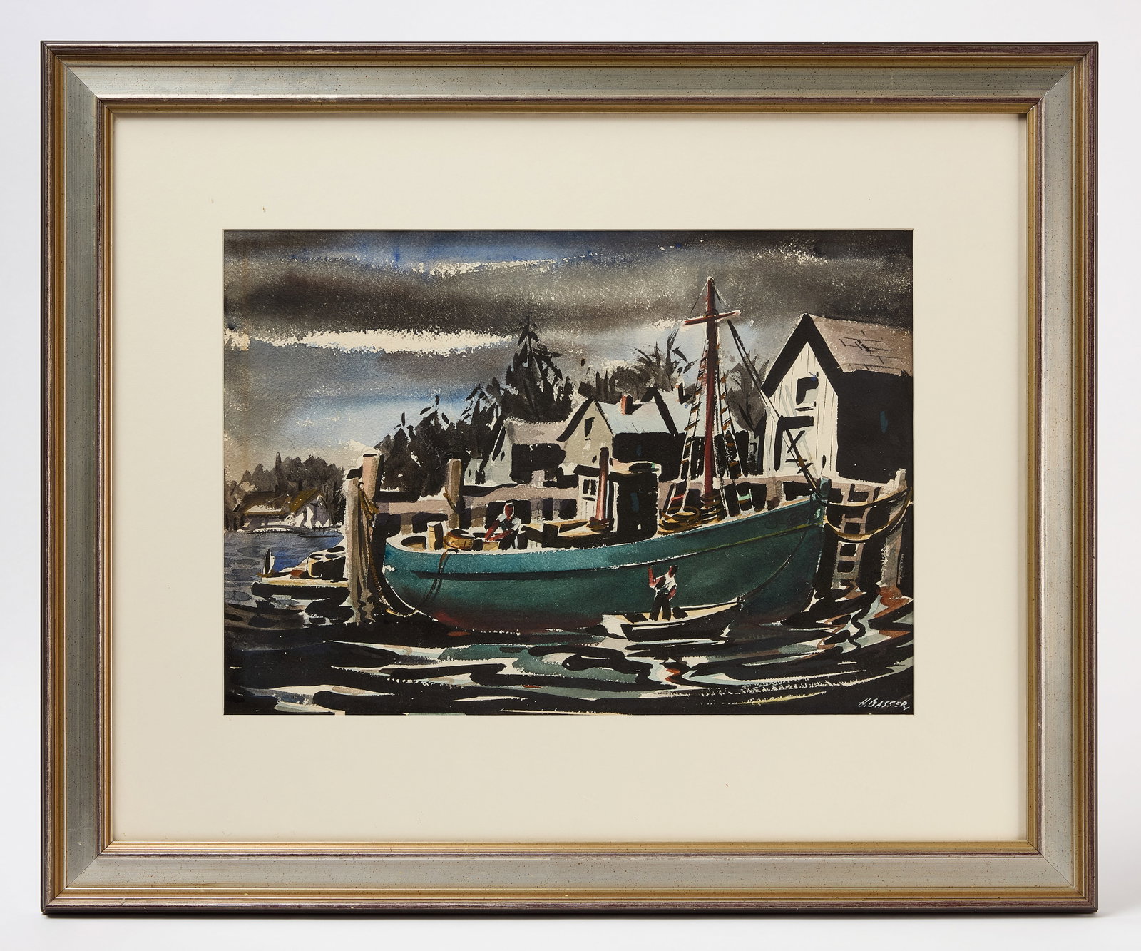 Henry Martin Gasser - Harbor Scene with Fishing Boat and Tugboat in Shipyard: Henry Martin Gasser (1909-1981, born Newark, New Jersey), double-sided watercolor on paper, housed in a double-sided frame under plexiglass. One side depicting a harbor scene with a fishing boat, sign