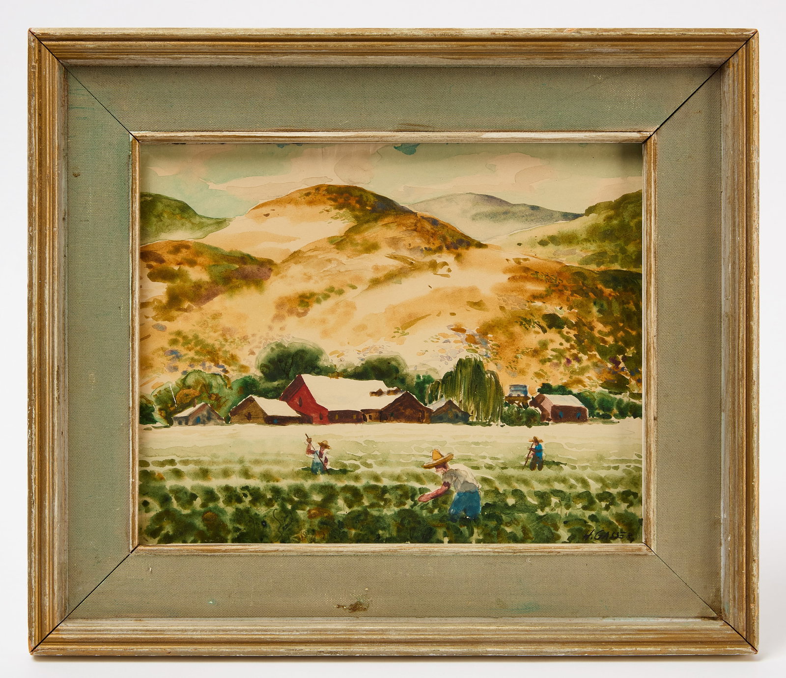 Henry Martin Gasser - Farm Landscape: Henry Martin Gasser (1909-1981, born Newark, New Jersey), Farm landscape depicting a farm at the base of hills, a willow tree in the background, and three farmers in the foreground. Watercolor on