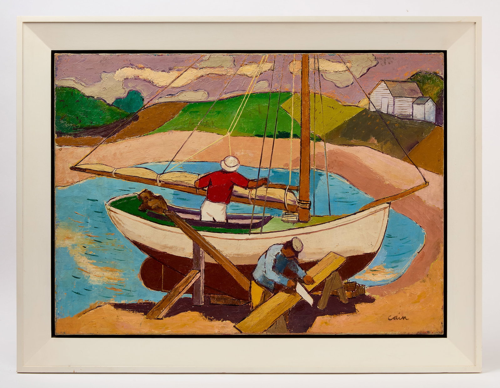 Joseph Cain - Sailboat Mending in a Bay: Joseph "Jo" Lambert Cain (New Orleans, Louisiana, 1904–2003), abstract expressionist painting of a sailboat being mended in a bay. Oil and acrylic on canvas, in later frame. American, 