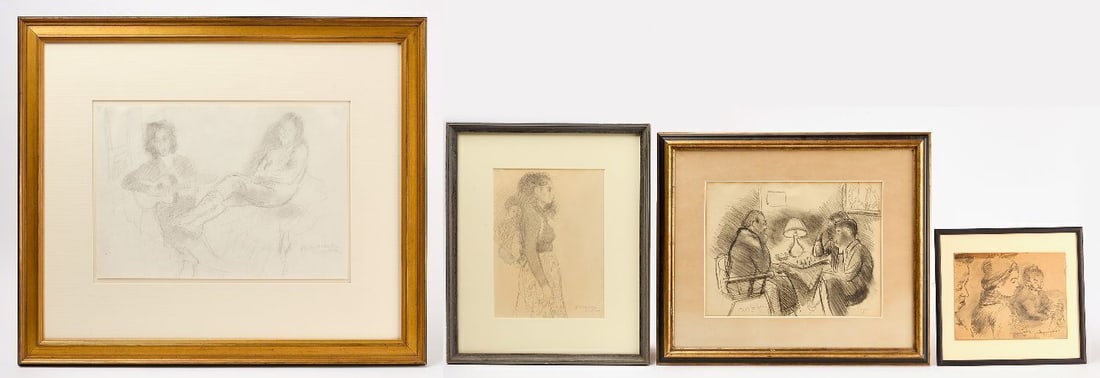Three Raphael Soyer Works on Paper and a Moses Soyer Sketch: Group of four works on paper, comprising three works by Raphael Soyer (American, 1899-1987) and one work by Moses Soyer (American, 1899-1974). Lot includes (1) Raphael Soyer, 'Mother and