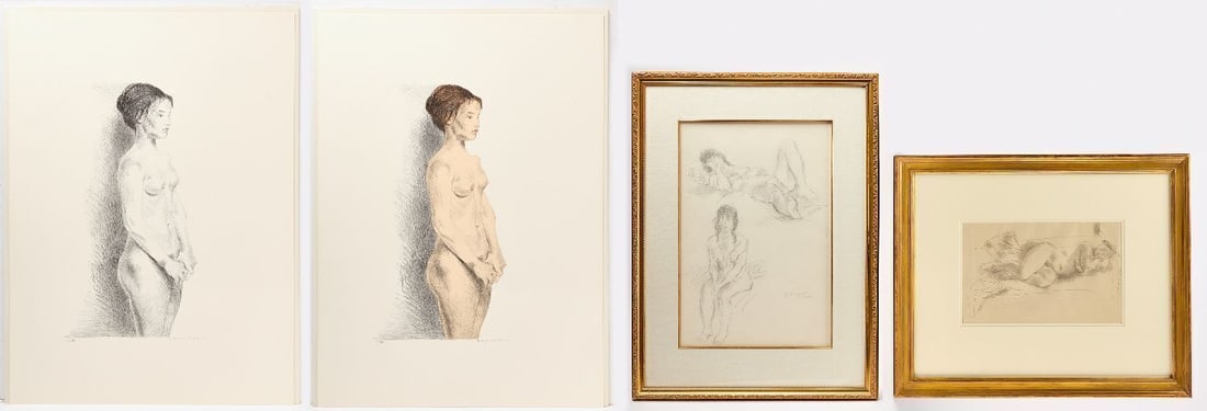 Raphael Soyer - Group of Three Works, "Nude Woman" Portfolio and Two Nude Studies: Group of three works by Raphael Soyer (1899-1987, born Borisoglebsk, Russia). Comprising (1) the limited edition portfolio "Nude Woman," with a signed and numbered color lithograph (40/300)