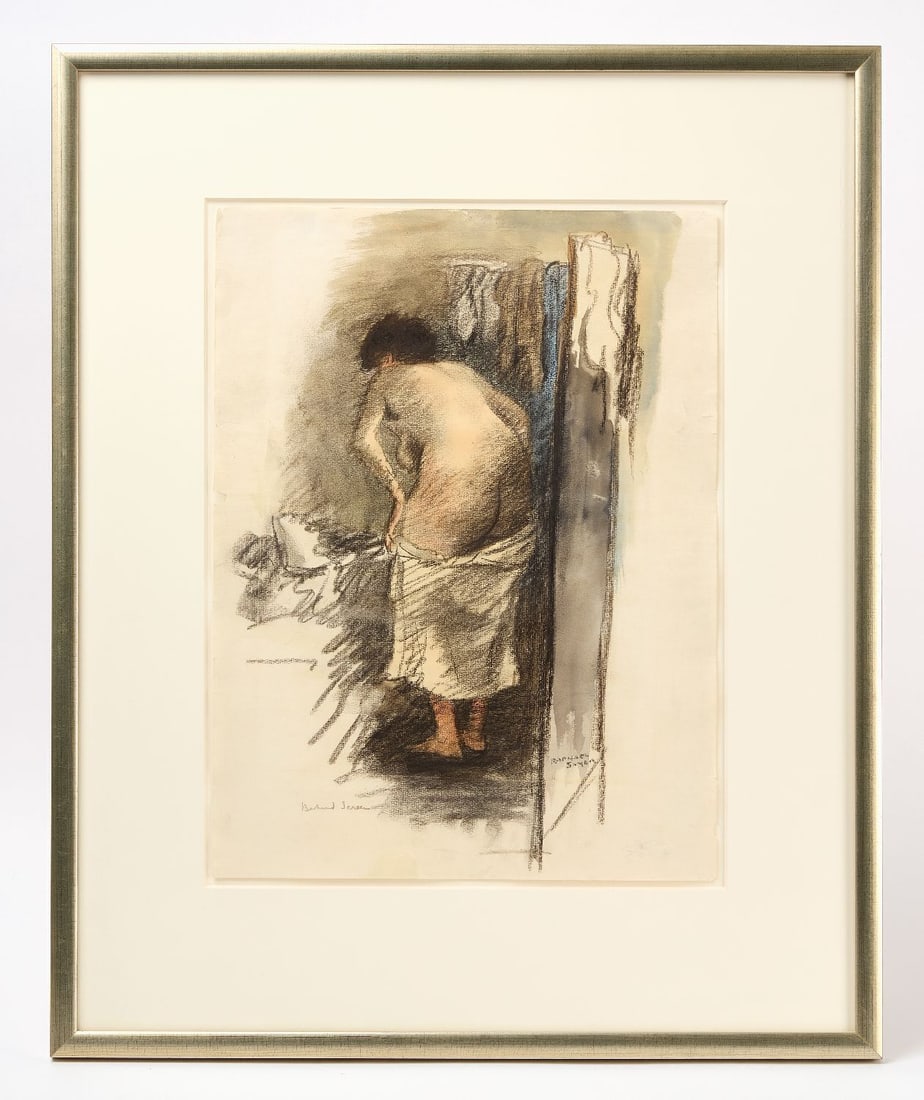 Raphael Soyer - "Behind Screen": Raphael Soyer (1899 Borisoglebsk, Russia - 1987 New York City), "Behind Screen", charcoal and watercolor. Signed to LR, and titled to LL. Frame: H 29-3/4 in. W 24-1/2 in. Paper: H 19-3/4