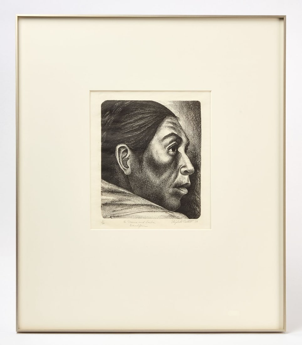 Elizabeth Catlett - 'Cabeza IndÃ­gena' 1959: Elizabeth Catlett (American/Mexican, 1915–2012), 'Cabeza Indígena' 1959. Lithograph on wove paper, numbered 7/36 lower left in graphite; inscribed "To Monica and Sasha Bradfo