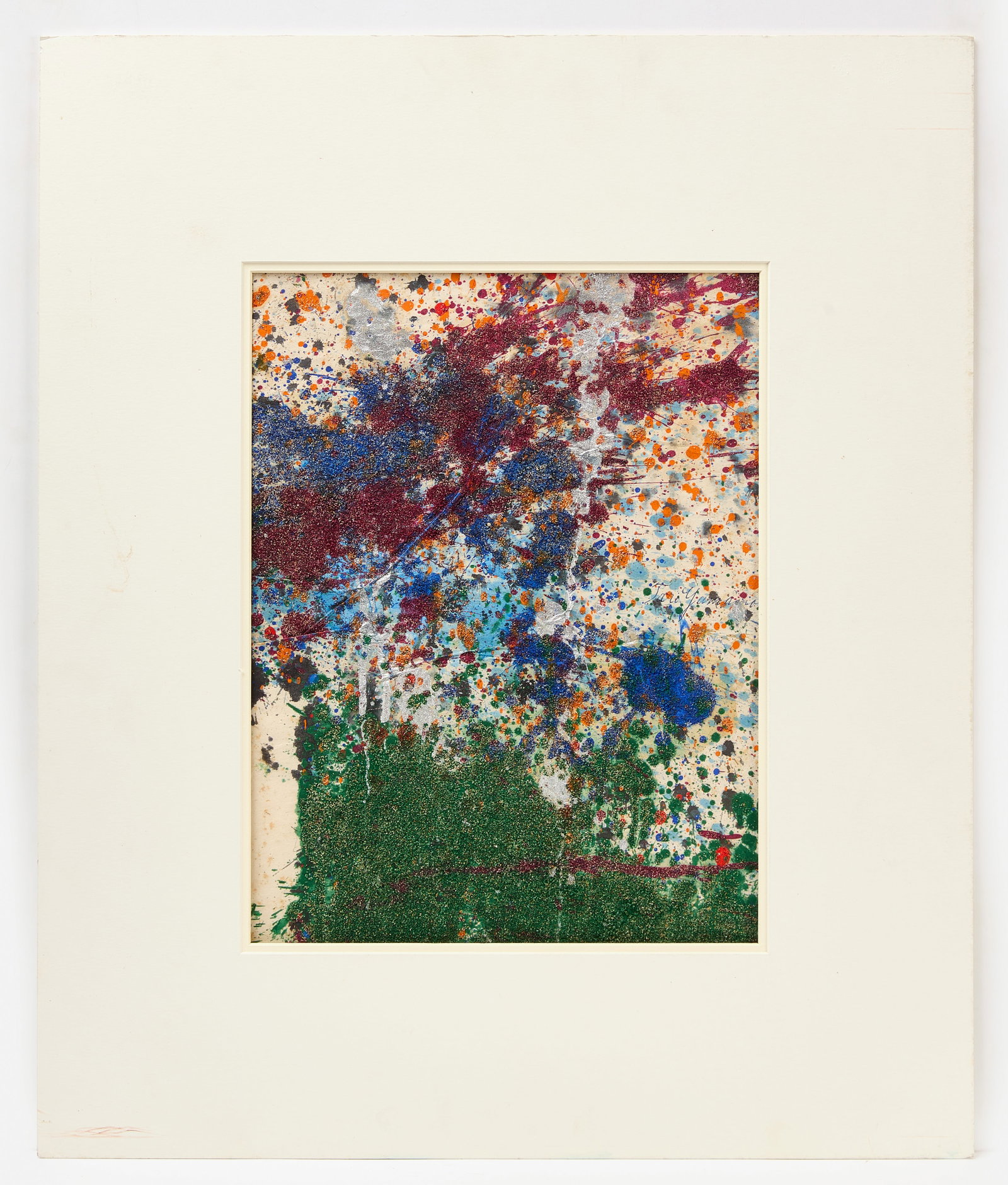 Taro Yamamoto - Abstract Mixed Media Composition: Taro Yamamoto (1919-1994, born Hollywood, California),a bstract composition. Mixed media with paint and sand on rice paper, unsigned. New York, mid-20th century. Mat Opening: H 24-1/2 in. W 20-1/2