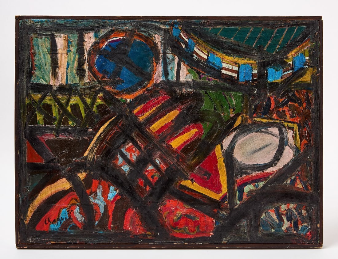 Abstract Composition, Karel Christiaan Appel Attb.: Abstract composition, attributed to Karel Christiaan Appel (1921-2006, born Amsterdam, Netherlands). Oil on board, signed and dated to the lower left. Paris, France, circa 1957. Frame: H 18-5/8 in. W