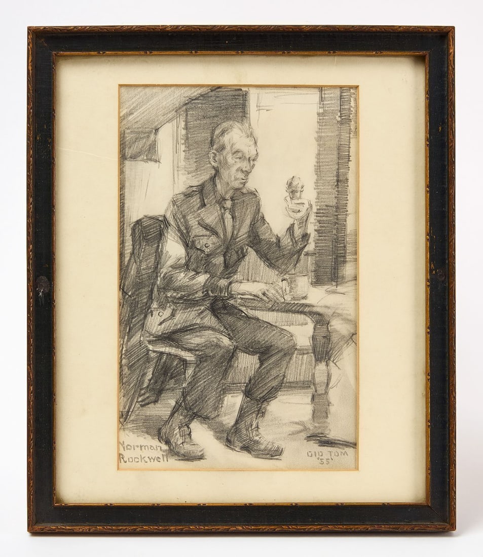 Norman Rockwell, Attributed - 'Old Tom': Norman Rockwell (American, 1894-1978), attributed, "Old Tom." Charcoal or graphite drawing on paper, depicting a seated figure in military-style dress holding a small figurine. Titled and