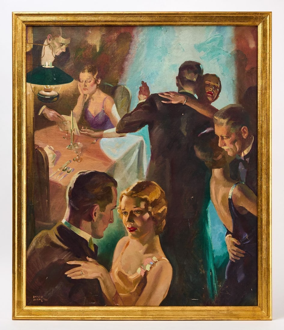 Lyman Anderson - Couples Dancing in Nightclub: Lyman Anderson (American, 1907–1993), Scene of couples dancing in a nightclub. Oil on canvas. Signature to LL. American, circa 1950. Frame: H 39 in. W 32-1/2 in. Canvas: H 36 in. W 40 in. 