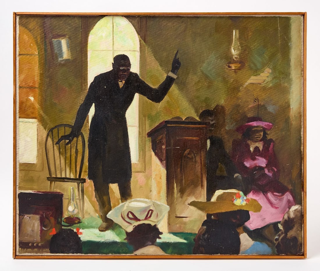 Lyman Anderson - Black Minister: Lyman Anderson (American, 1907–1993) attributed, Interior scene of a Black minister or preacher addressing an audience. Appears to be related to Anderson's work for Pulp magazines. Oil on