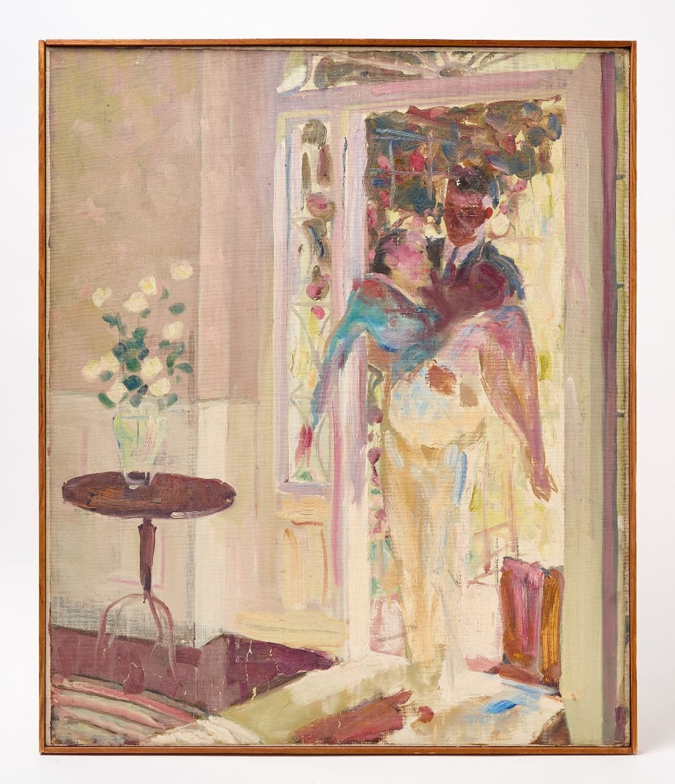 Lyman Anderson - Over the Threshold: Lyman Anderson (American, 1907–1993), Interior scene of a man carrying a woman (presumably husband and wife) over the threshold of a door. Oil on canvas. Unsigned. American, circa 1940. (In