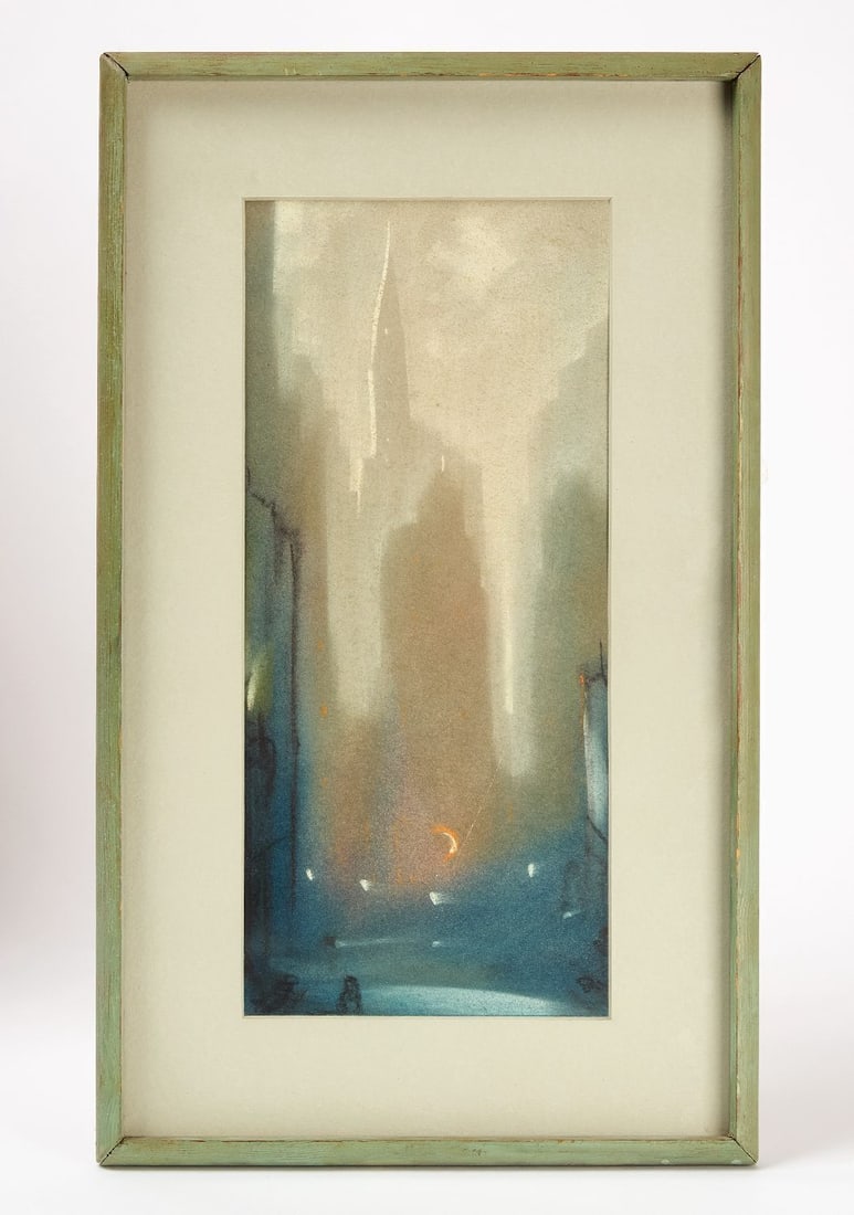 Leon Dolice - Manhattan Skyline: Leon Dolice (American, 1892-1960), Manhattan Skyline. Pastel on paper. Signed verso on label "Orig. by Dolice". Framed: H 19-5/8 in. W 11-5/8 in. Unframed: H 15-1/2 in. W 7-5/8