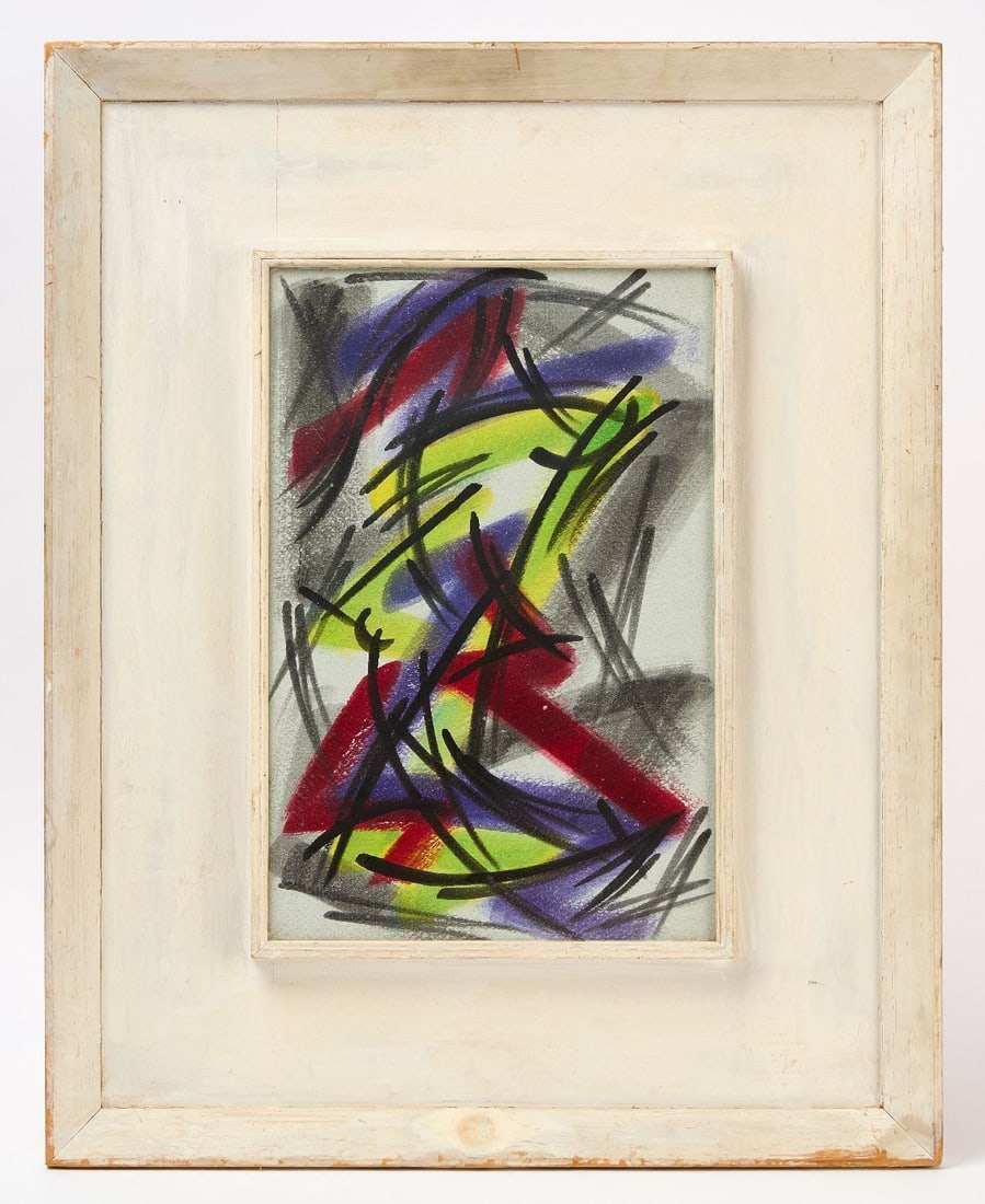 Jim Davis - Abstract Mixed Media Work: Jim Davis (James Edward Davis, American, 1901-1974), Abstract mixed media work on paper, colorful composition in yellow, purple, and red with black strokes. Custom wood frame, inscribed to verso in