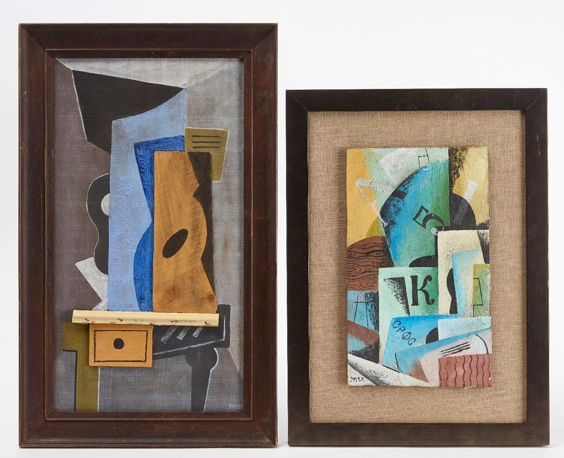 Two Avant-Garde Cubist Assemblage Works, Signed: Two avant-garde works. (Left) Assemblage wood collage. (Right) Russian Oil on panel. Each signed 'JM 21' and 'JM 24'. 1920s. Overall size: 17-1/2 in and 12-3/4. Panel: H 11-3/4 in