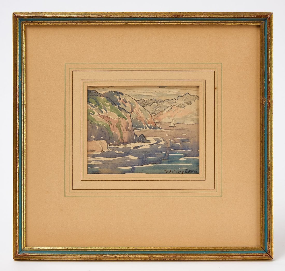 George Ennis - Seascape, 1928: George Pearse Ennis (1884 St. Louis, Missouri–1936 Utica, New York), watercolor seascape on paper. Signed and dated Feb. 1928 to the LR. American, 1928. Sight: H 4 in. W 5 in. Frame: H 11-3/8