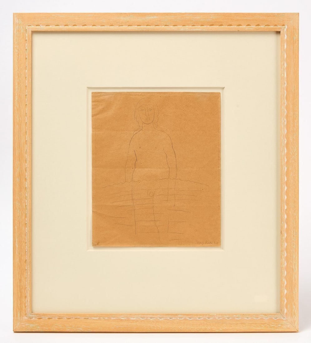 Diego Rivera - Nude Figure, 1920: Diego Rivera (Mexican, 1886–1957), nude figure behind a fence. Graphite on cut paper bag scrap, signed lower right and dated "20"; inscribed "SX" lower left in graphite.