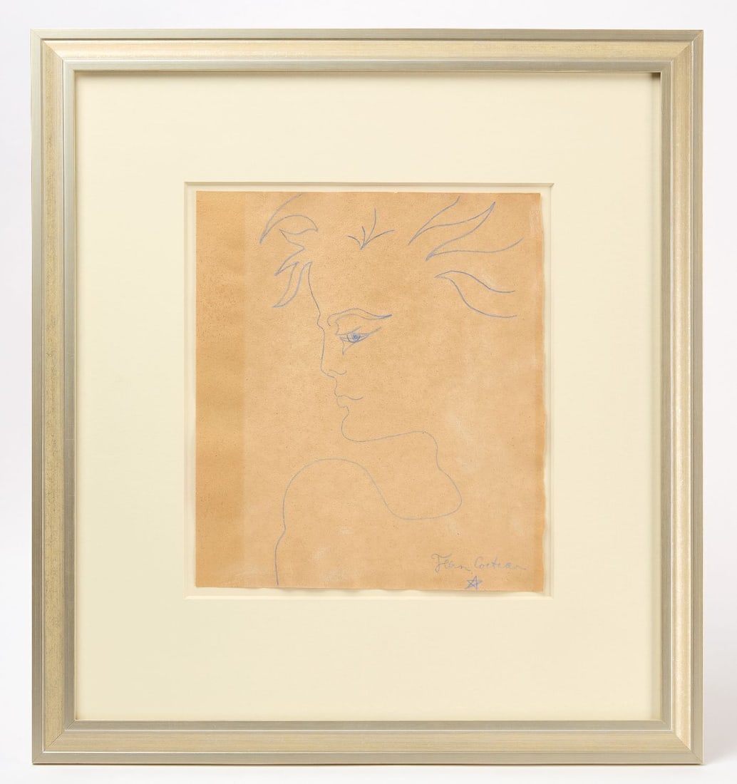Jean Cocteau - Profile of a Man: Jean Cocteau (French, 1889–1963), profile of a man. Blue graphite on scrap paper, signed lower right with a five-pointed star beneath the signature. Circa 1950. Frame: H 25-1/4 in. W